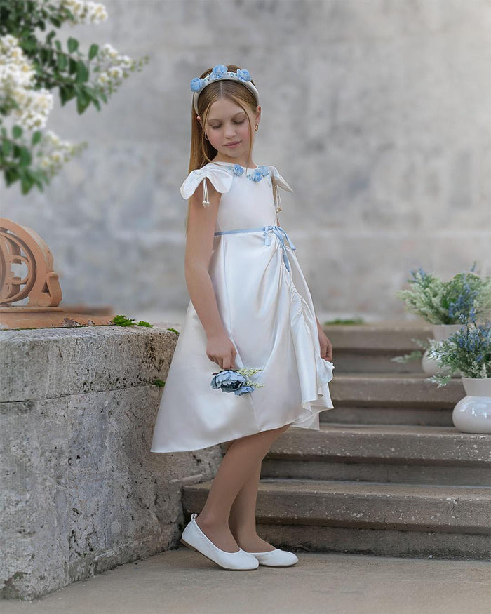 Daphne White Satin Headband with Blue Embroidery - Petite Maison Kids
