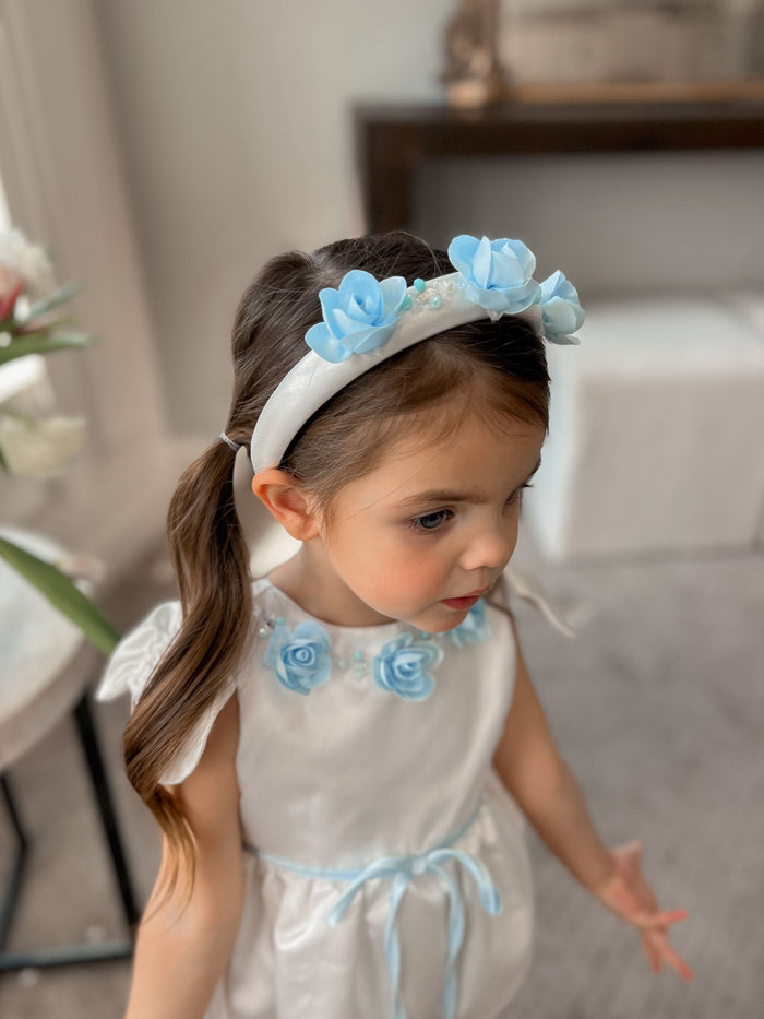 Daphne White Satin Headband with Blue Embroidery - Petite Maison Kids