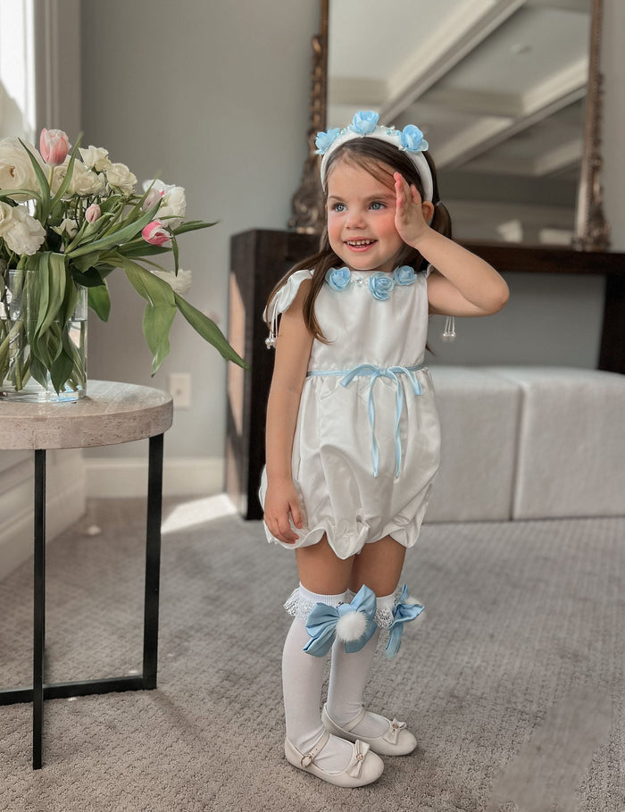 Daphne White Satin Headband with Blue Embroidery - Petite Maison Kids