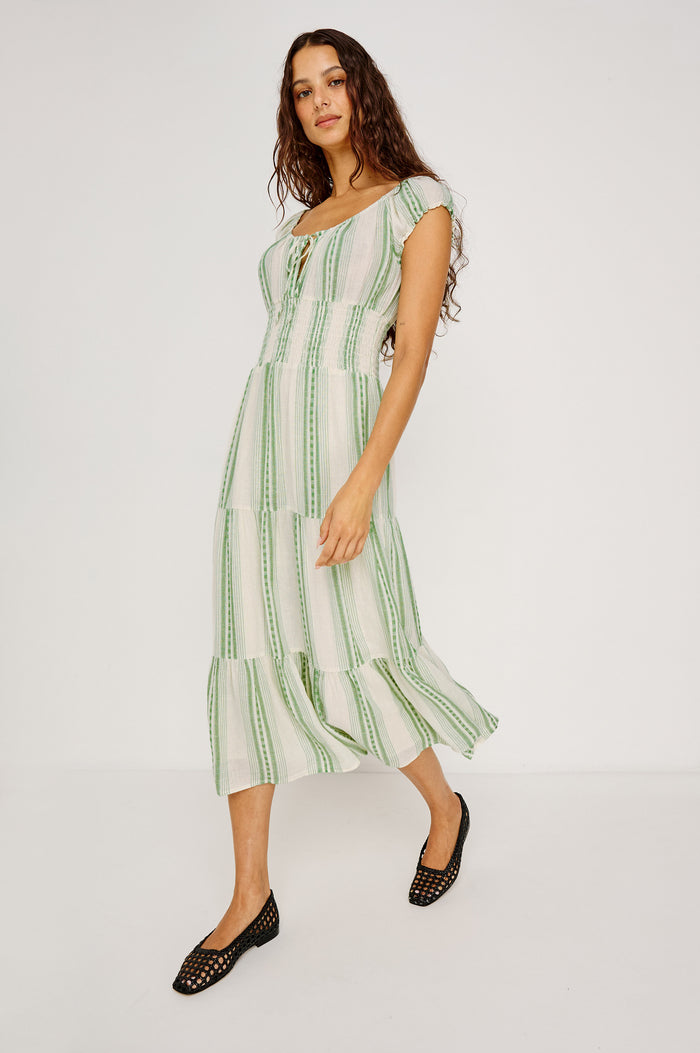 Daria Midi Dress in Luxe Linen With Cap Sleeves, Scoop Neckline, Bust Ties, Smocked Waist, and Tiered Skirt in Margarita Stripe Colorway - Full Body Front View Featured on Model