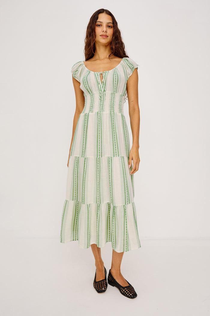 Daria Midi Dress in Luxe Linen With Cap Sleeves, Scoop Neckline, Bust Ties, Smocked Waist, and Tiered Skirt in Margarita Stripe Colorway - Full Body Front View Featured on Model