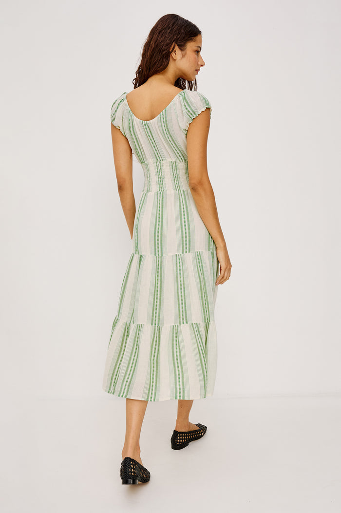 Daria Midi Dress in Luxe Linen With Cap Sleeves, Scoop Neckline, Bust Ties, Smocked Waist, and Tiered Skirt in Margarita Stripe Colorway - Full Body Back View Featured on Model