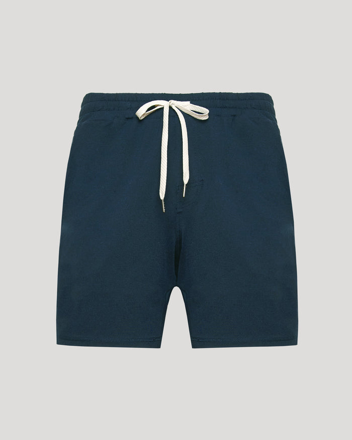 Dark Heather Navy Active Comfort Shorts with elastic waistband and white drawstring.