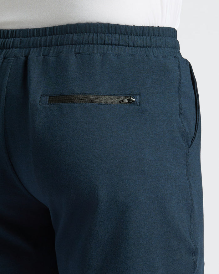 Dark Heather Navy Active Comfort Shorts with elastic waistband and pockets.