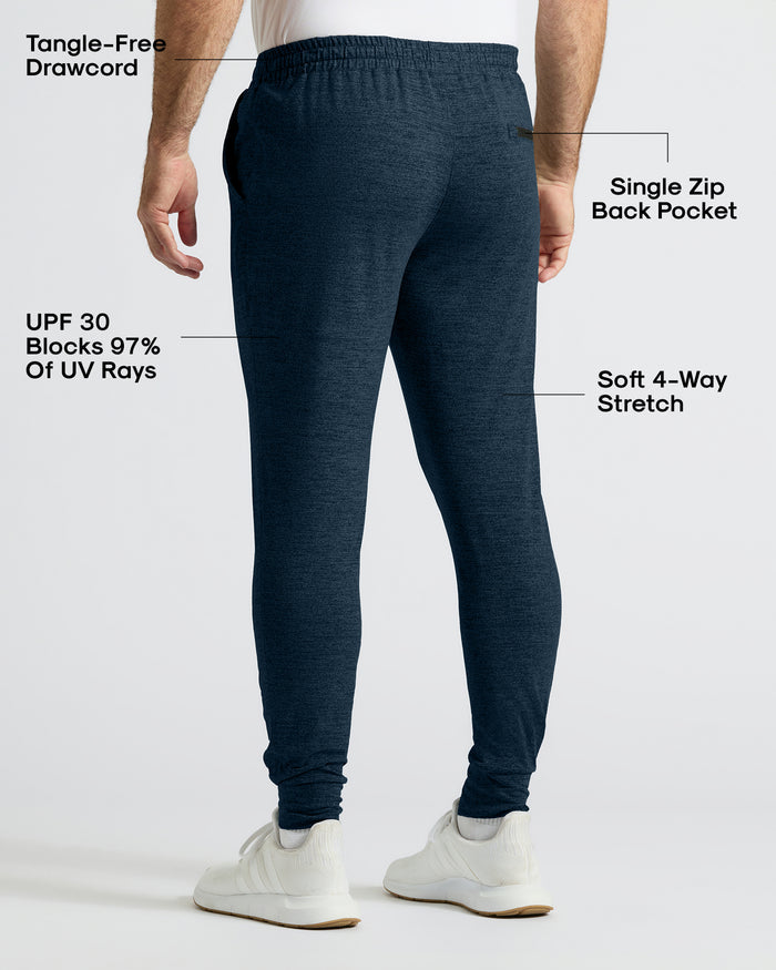 Man wearing Dark Heather Navy Active Joggers with key features highlighted.