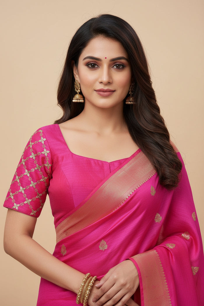 Kurti Connection USA dark pink blouse with short sleeves featuring gold embroidered lattice patterns and a square neck