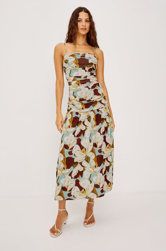 Dolly Maxi Dress in Self-Lined Mesh With Adjustable Spaghetti Straps, Straight Neckline, Ruched Body, and Full Skirt in Plumeria Colorway - Full Body Front View Featured on Model