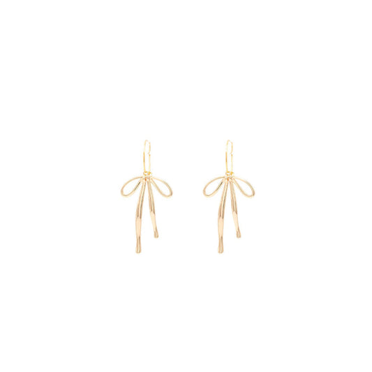 Earrings-Bow Ribbon Huggie Hoops Dangle Whimsical-Gold
