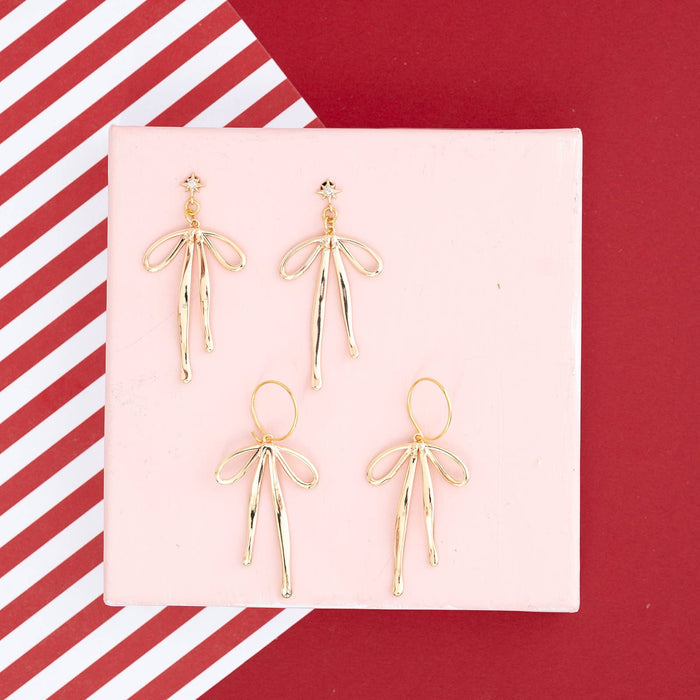 Earrings-Bow Ribbon Huggie Hoops Dangle Whimsical-Gold