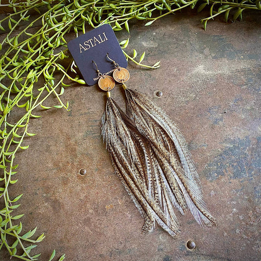 Earrings-Indian Cent & Long Feather-Coq de Leon, Western