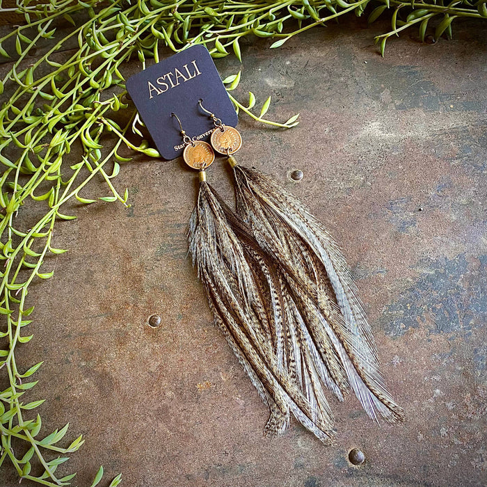 Earrings-Indian Cent & Long Feather-Coq de Leon, Western