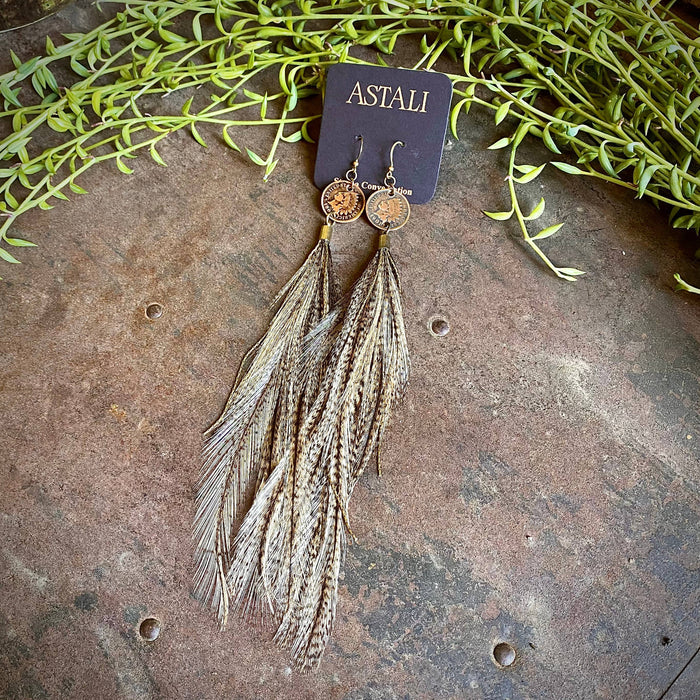 Earrings-Indian Cent & Long Feather-Coq de Leon, Western
