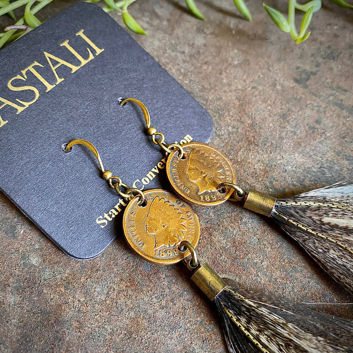 Earrings-Indian Cent & Long Feather-Coq de Leon, Western