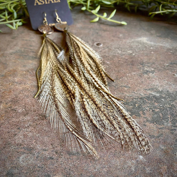 Earrings-Indian Cent & Long Feather-Coq de Leon, Western