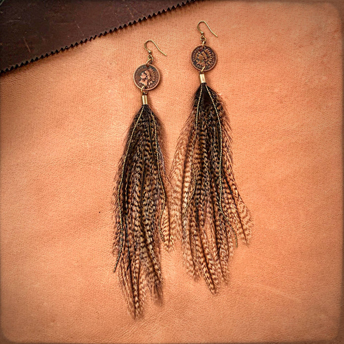 Earrings-Indian Cent & Long Feather-Coq de Leon, Western