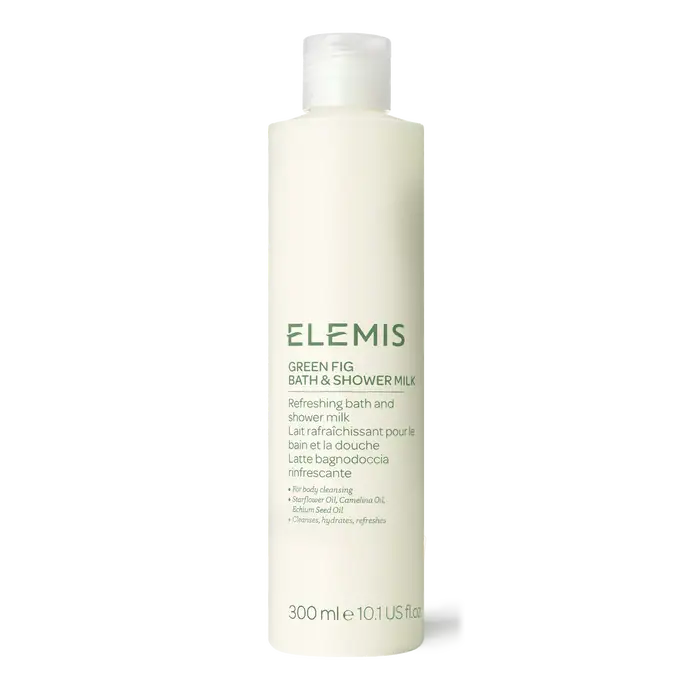 Elemis Green Fig Bath & Shower Milk in 300ml bottle, featuring fresh green fig fragrance for soothing bath and body care.