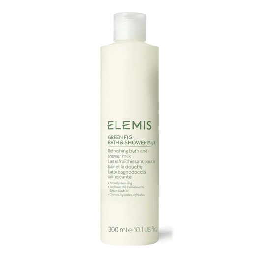 Elemis Green Fig Bath & Shower Milk in 300ml bottle, featuring fresh green fig fragrance for soothing bath and body care.