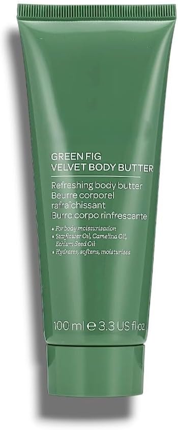 Elemis Green Fig Velvet Body Butter 100ml jar, rich moisturizing bath and body cream with green fig scent and smooth texture.