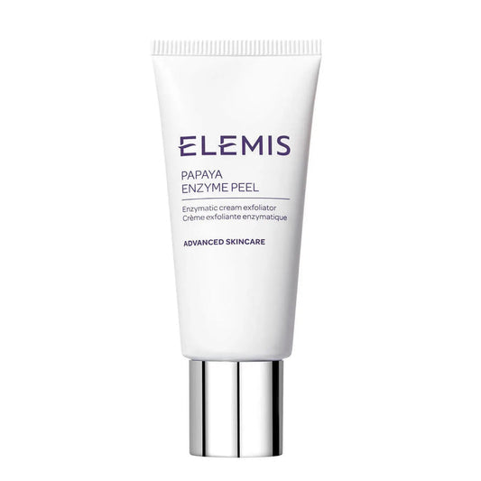 Elemis Papaya Enzyme Peel 50ml in a clear jar, featuring a vibrant orange peel and a smooth, creamy facial cleanser texture.
