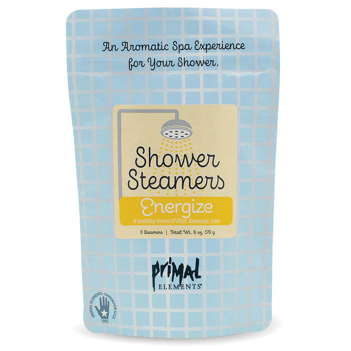 Packaging of Energize Shower Steamer | Primal Elements featuring a blue checkered design promoting an aromatic spa shower experience with eucalyptus, mint, rosemary, and lime scents.