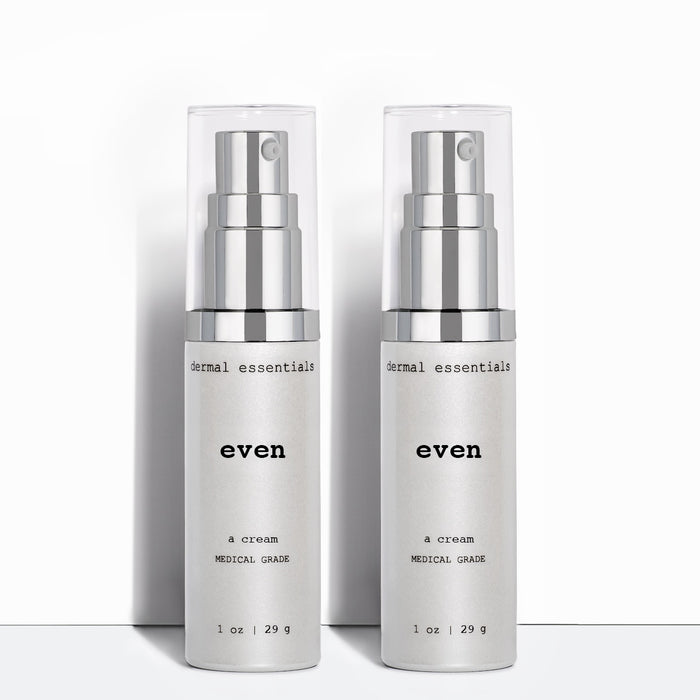 Two silver cylinder plastic bottles black letters silver plastic pump clear plastic lid 1.1 fl.oz. Even brightening, azelaic acid, hyperpigmentation facial cream.Dermal Essentials Medical Grade Skincare