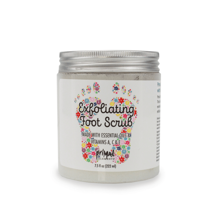Jar of Exfoliating Foot Scrub | Primal Elements with a floral footprint design on the label, promoting skincare with essential oils and vitamins A, C, and E.