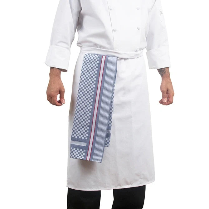 Professional chef with Extra Large Side Towel Black Check with Red Stripe stored in waistband on white silo background.