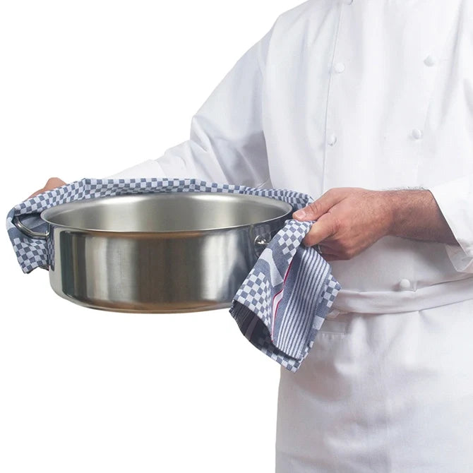 Professional chef holding hot pot with  2 Extra Large Side Towel Black Check with Red Stripe on each side on white silo background.