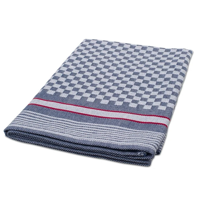 Extra Large Side Towel Black Check with Red Stripe shot on white silo background.