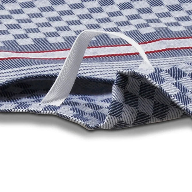 Extra Large Side Towel Black Check with Red Stripe - 5 pack showing handle on white silo background.