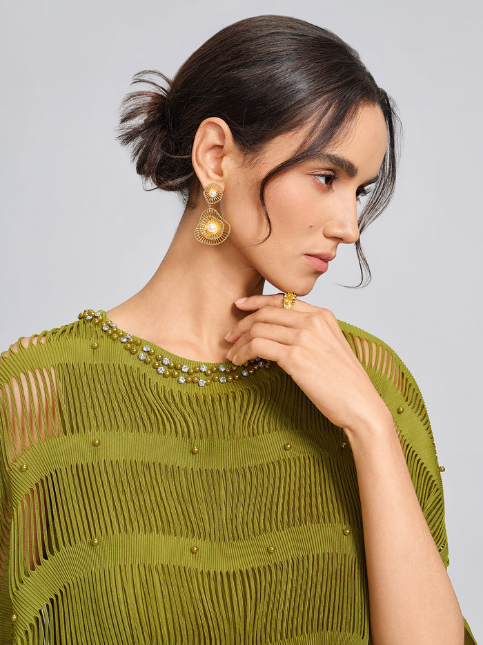 Fan-shaped Openwork Pearl Long Dangle Earrings