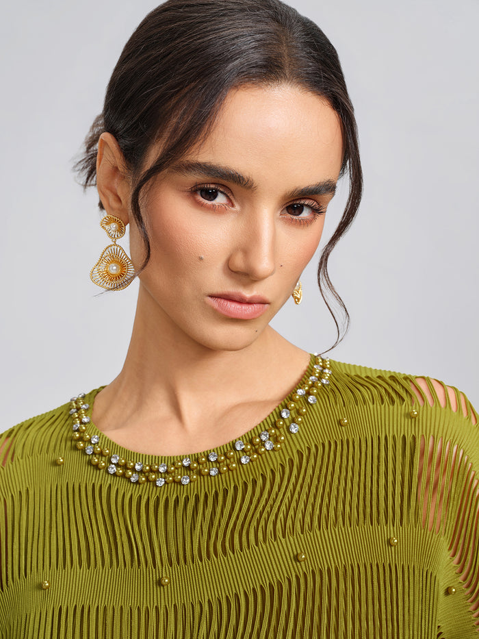 Fan-shaped Openwork Pearl Long Dangle Earrings