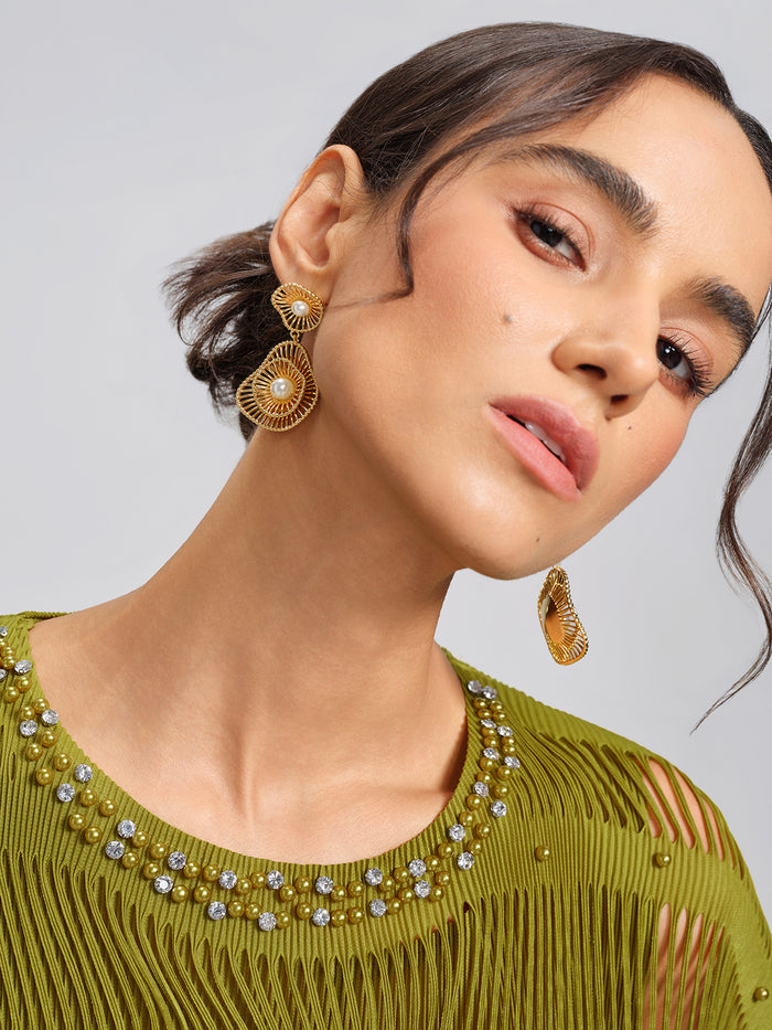 Fan-shaped Openwork Pearl Long Dangle Earrings