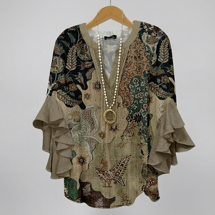 Faylissora – Blouse Ample Élégante à Col V Imprimé Artistique