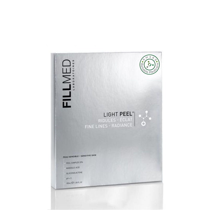 Fillmed Light Peel 100ml skin care product bottle with white and blue packaging and pump dispenser, designed for facial skin treatment.