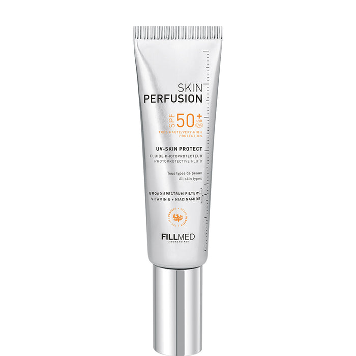 Fillmed Skin Perfusion UV Skin Protect SPF50+ lotion and moisturizer in 50ml bottle, with smooth, hydrating texture and broad-spectrum sun protection.