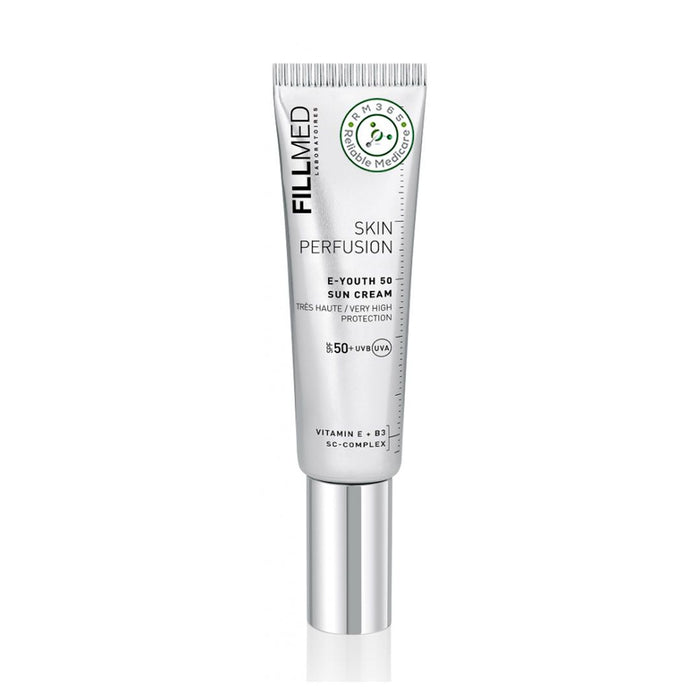 Fillmed Skin Perfusion UV Skin Protect SPF50+ lotion bottle showing the FILLMED logo and product label, 50ML size.