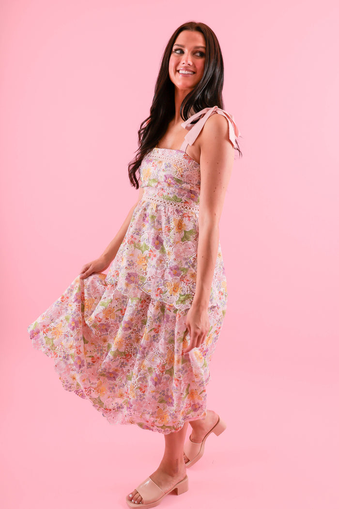 Women's Lace Floral Midi Dress- Floral Bridal Dress- Ribbon Lace Midi Dress