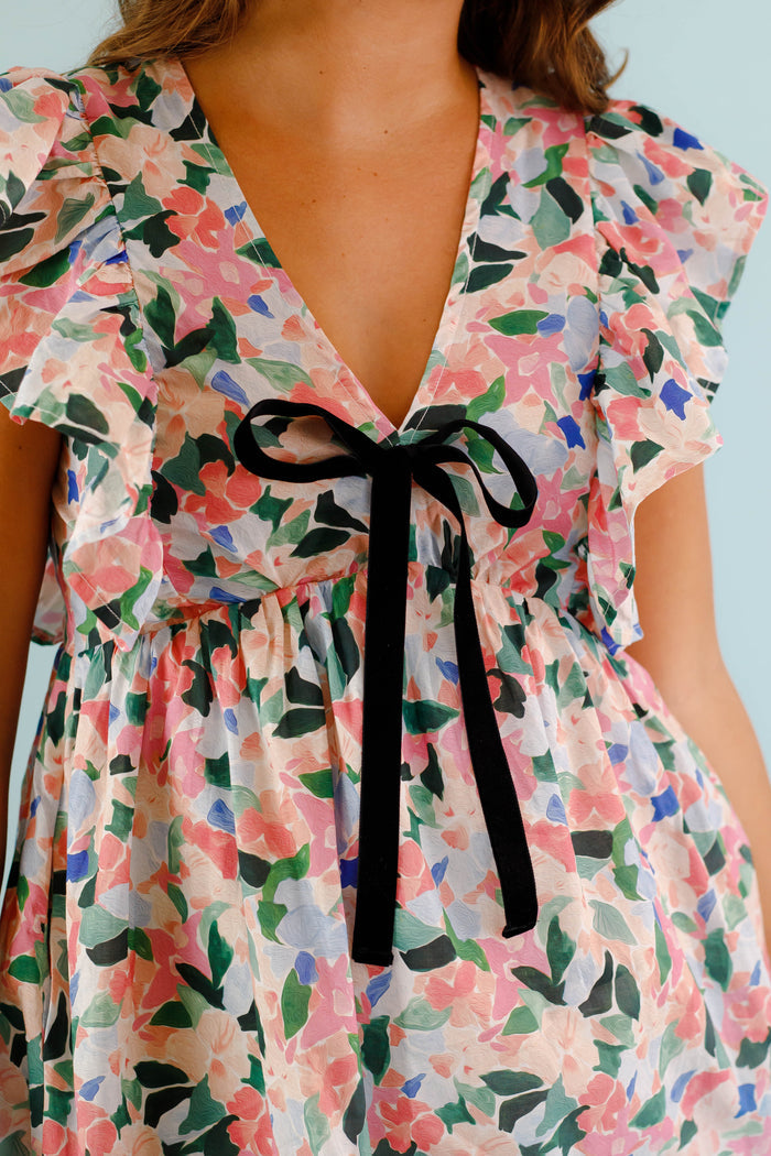 Pink Floral Flutter Sleeve Mini Dress- Women's Floral Mini Dress- Entro Dresses