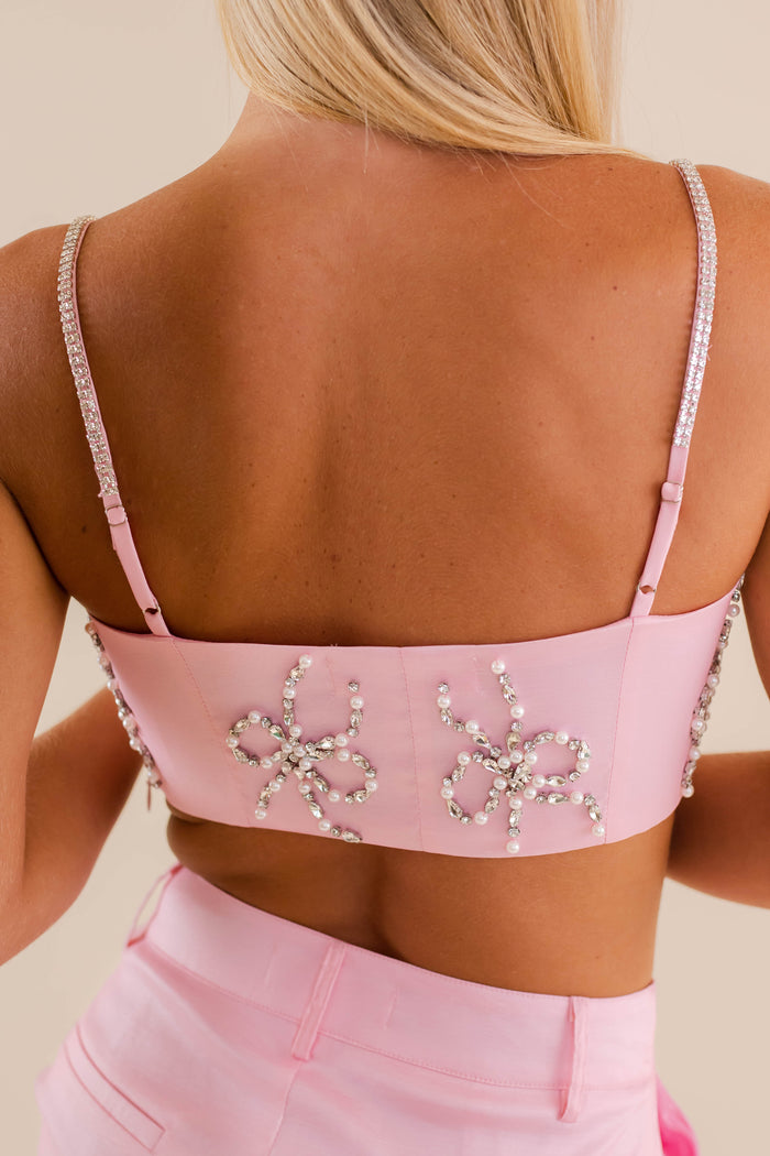 Rhinestone Bow Crop Top- Women's Party Outfits- Women's Pearl Bow Top