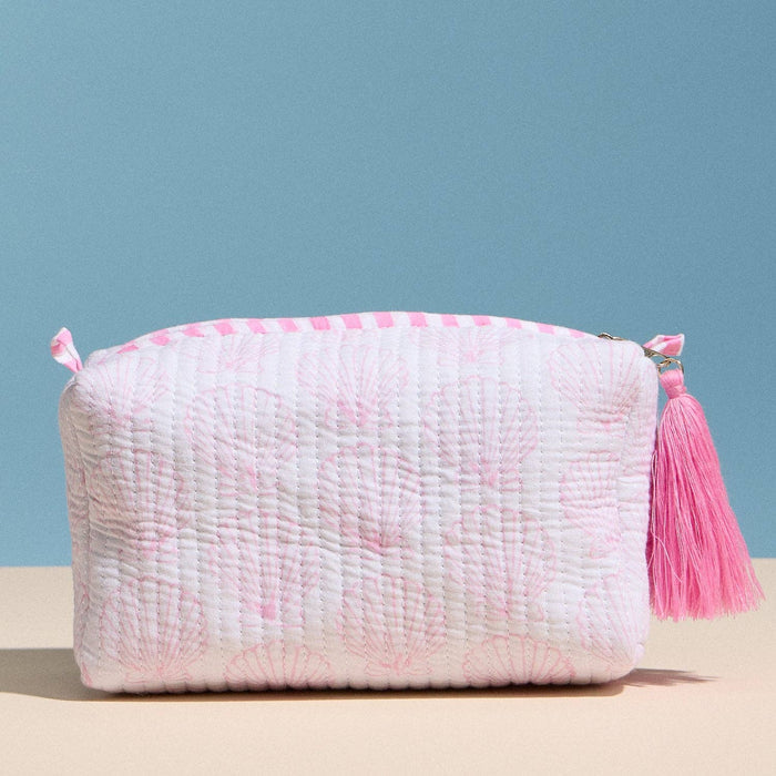 Frem Pink Quilted Seashell Cosmetic Pouch – Zipper Makeup Bag with Tassel