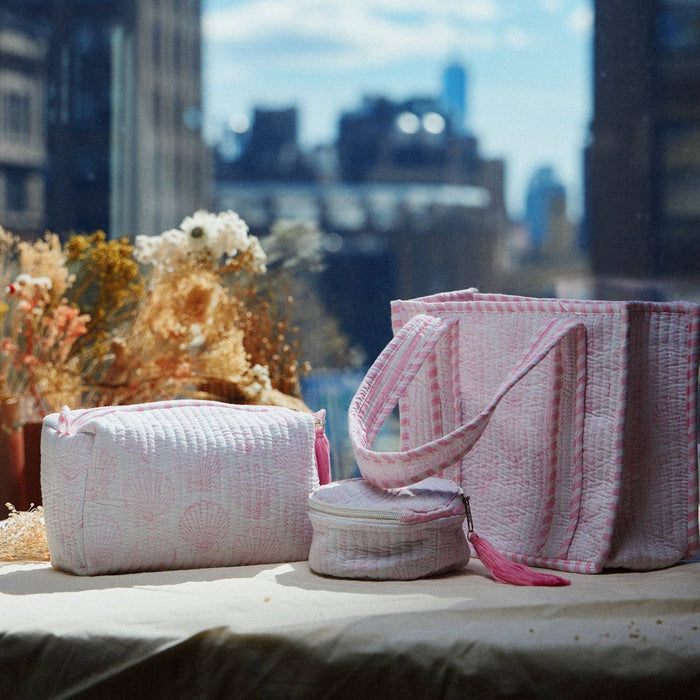Frem Pink Quilted Seashell Cosmetic Pouch – Zipper Makeup Bag with Tassel
