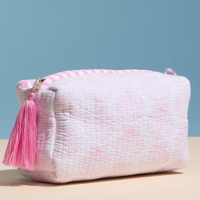 Frem Pink Quilted Seashell Cosmetic Pouch – Zipper Makeup Bag with Tassel