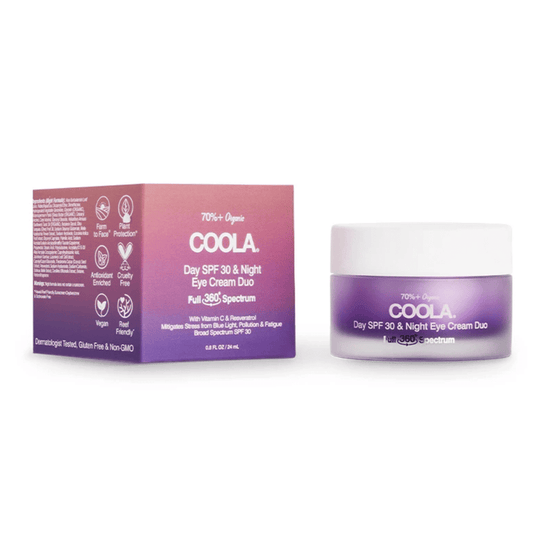 Full Spectrum 360° Day SPF 30 & Night Organic Eye Cream Duo | COOLA in a purple and white jar with matching purple box, featuring organic skincare for sun protection and nighttime hydration.