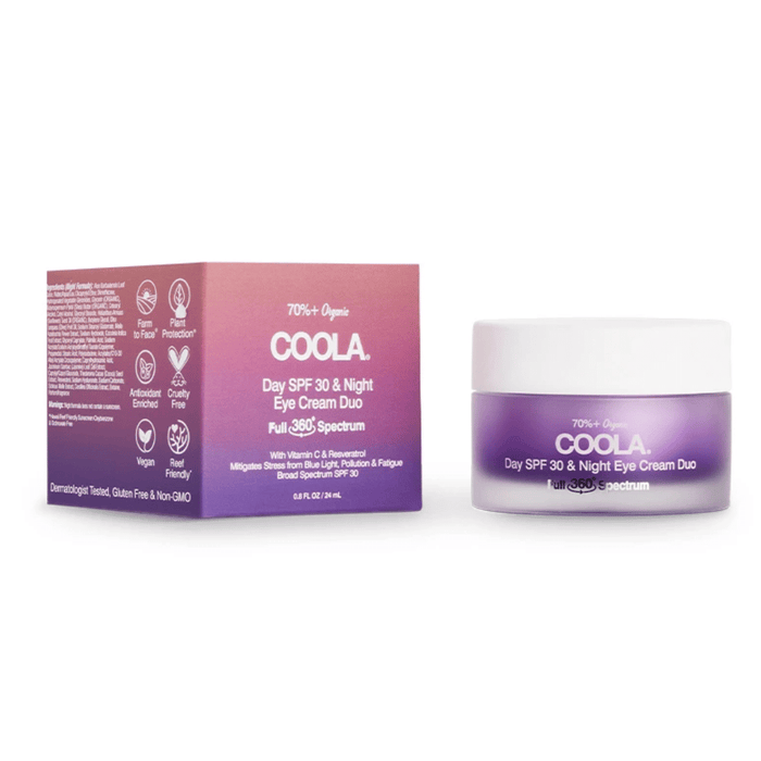 Full Spectrum 360° Day SPF 30 & Night Organic Eye Cream Duo | COOLA in a purple jar and matching box highlighting organic, vegan, reef-friendly skincare for daytime sun protection and nighttime hydration.