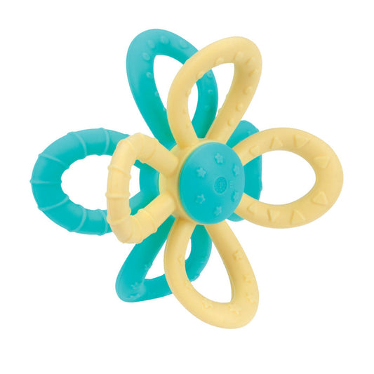 The Nuby Fun Loops Teether | Aqua/Yellow features looped handles in turquoise and yellow with various textures and shapes, offering an easy grip and soothing relief for teething babies.