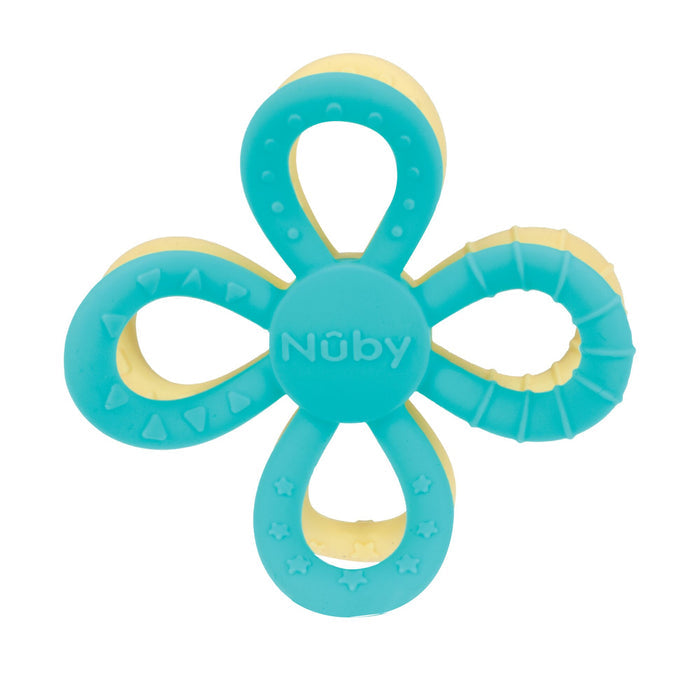 The Nuby Fun Loops Teether in Aqua/Yellow is a flower-shaped silicone teether with textured petals and "Nuby" at the center, providing varied surfaces for babies to explore.