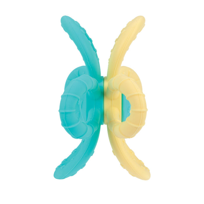 The Nuby Fun Loops Teether in Aqua/Yellow features two interlocking silicone rings with textured, curved handles—ideal for little hands to grip and soothe teething gums.