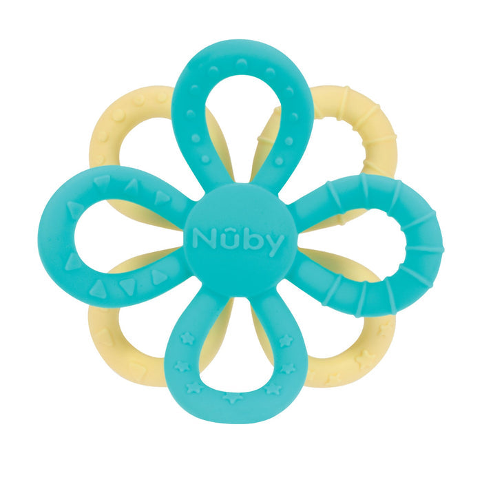 The Nuby Fun Loops Teether | Aqua/Yellow features flower-shaped silicone loops in blue and yellow, with textured surfaces for soothing baby's gums—perfect for teething relief.