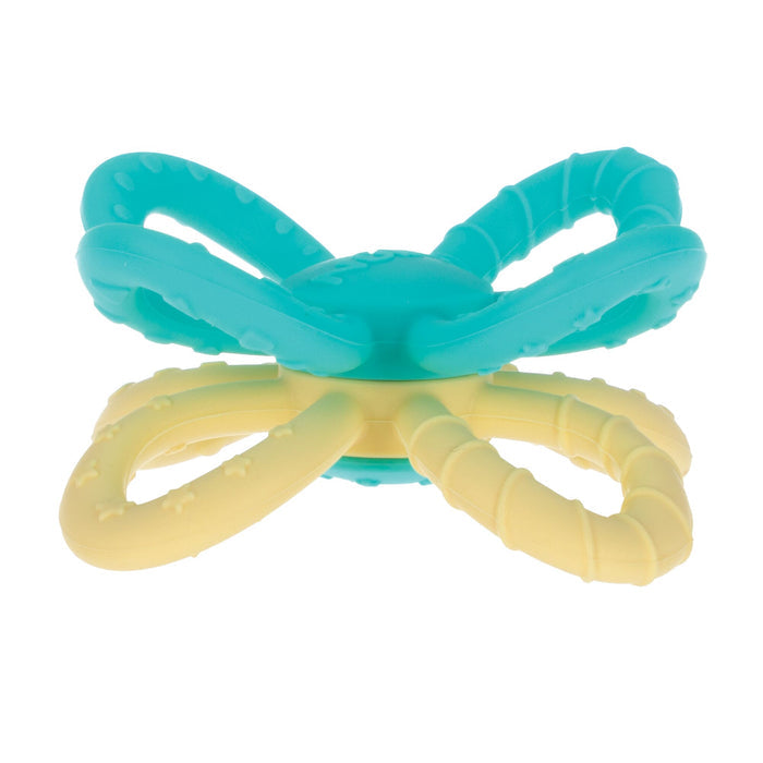 The Nuby Fun Loops Teether in Aqua/Yellow features four looped handles, textured surfaces, and a central round base for easy gripping and soothing chewing, perfect for babies.